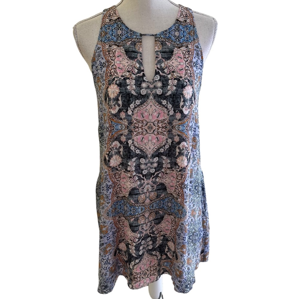 Lavender Brown Pastel Medallion Print Sleeveless Silk Shift Dress S